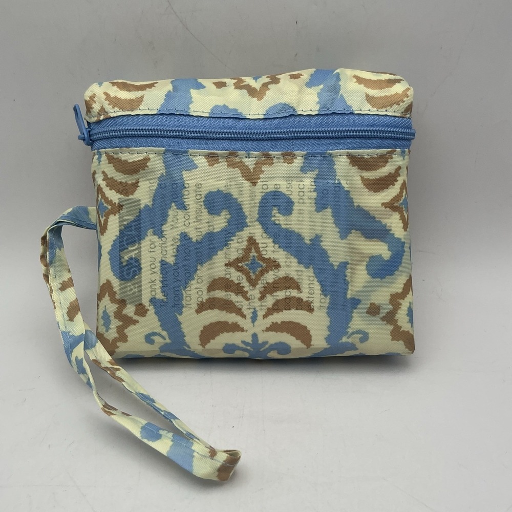 SACHI Insulated Foldable Market Tote‎ Bag w/Matching Zip Pouch Blue Tan Damask